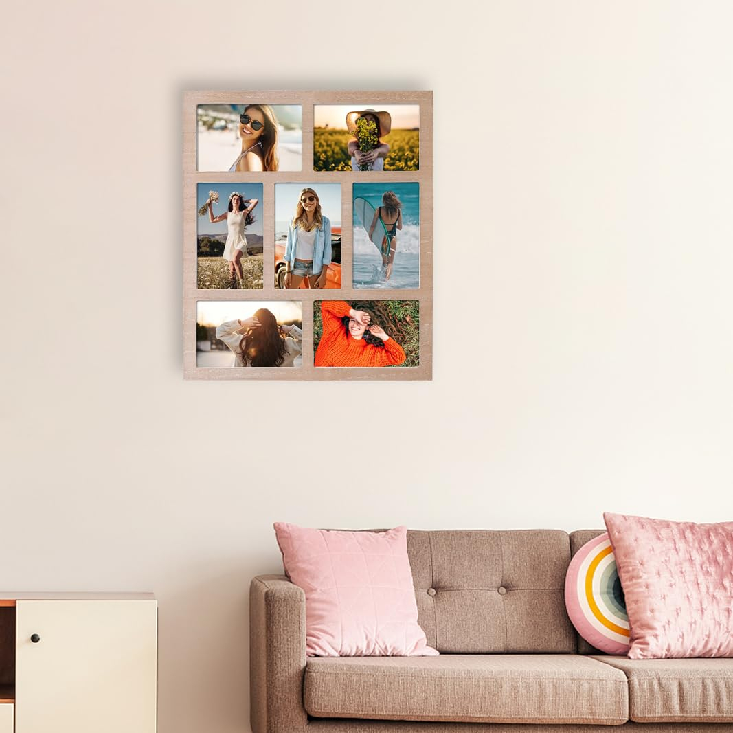 Picture Frame Collage 4x6 Photos Display - 7 Openings Wall Decor for Tabletop Stand and Wall Mounting - Family Gifts Home Decor (Brown)