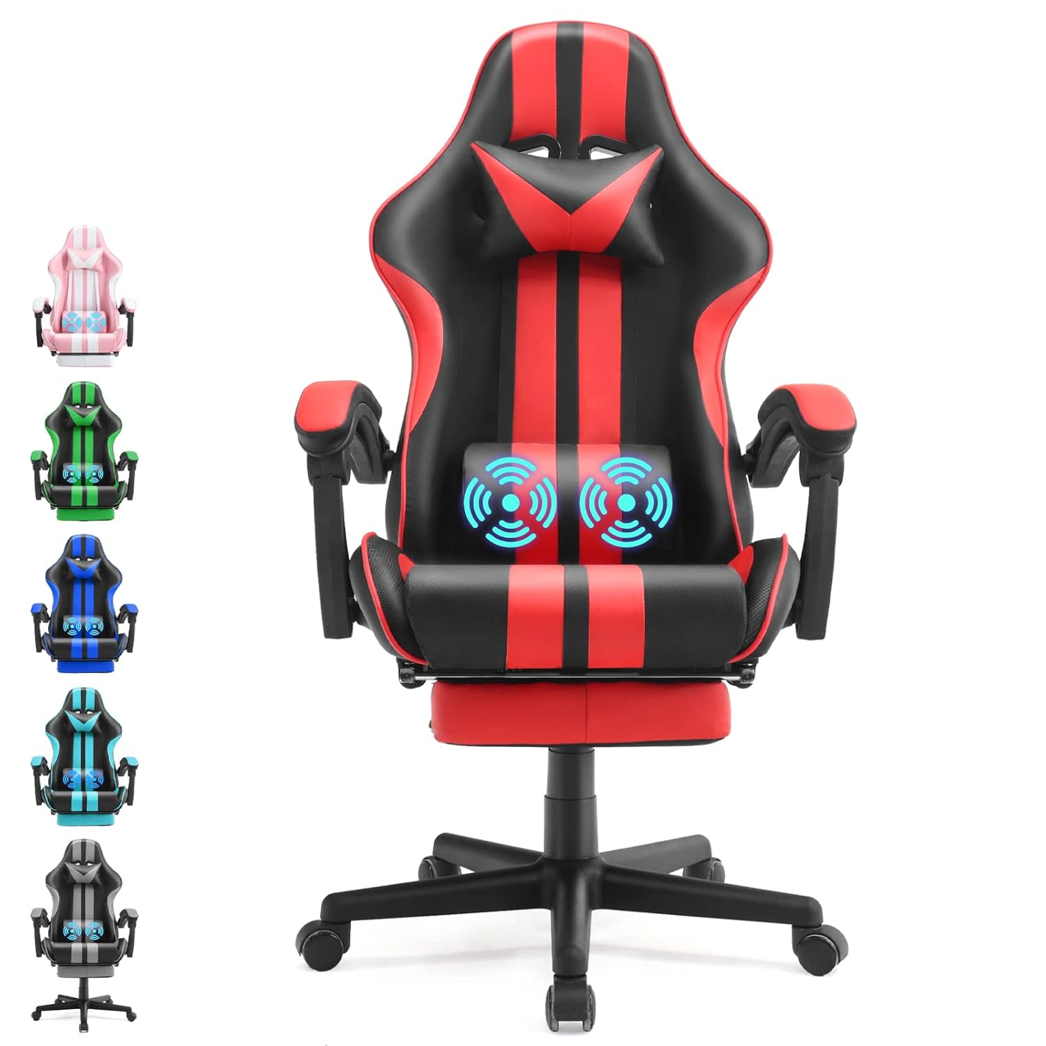 SOONTRANS Gaming Chair Massage Office Chair with Footrest, Ergonomic Swivel Gamer Chair with Lumbar Pillow & Headrest, Red