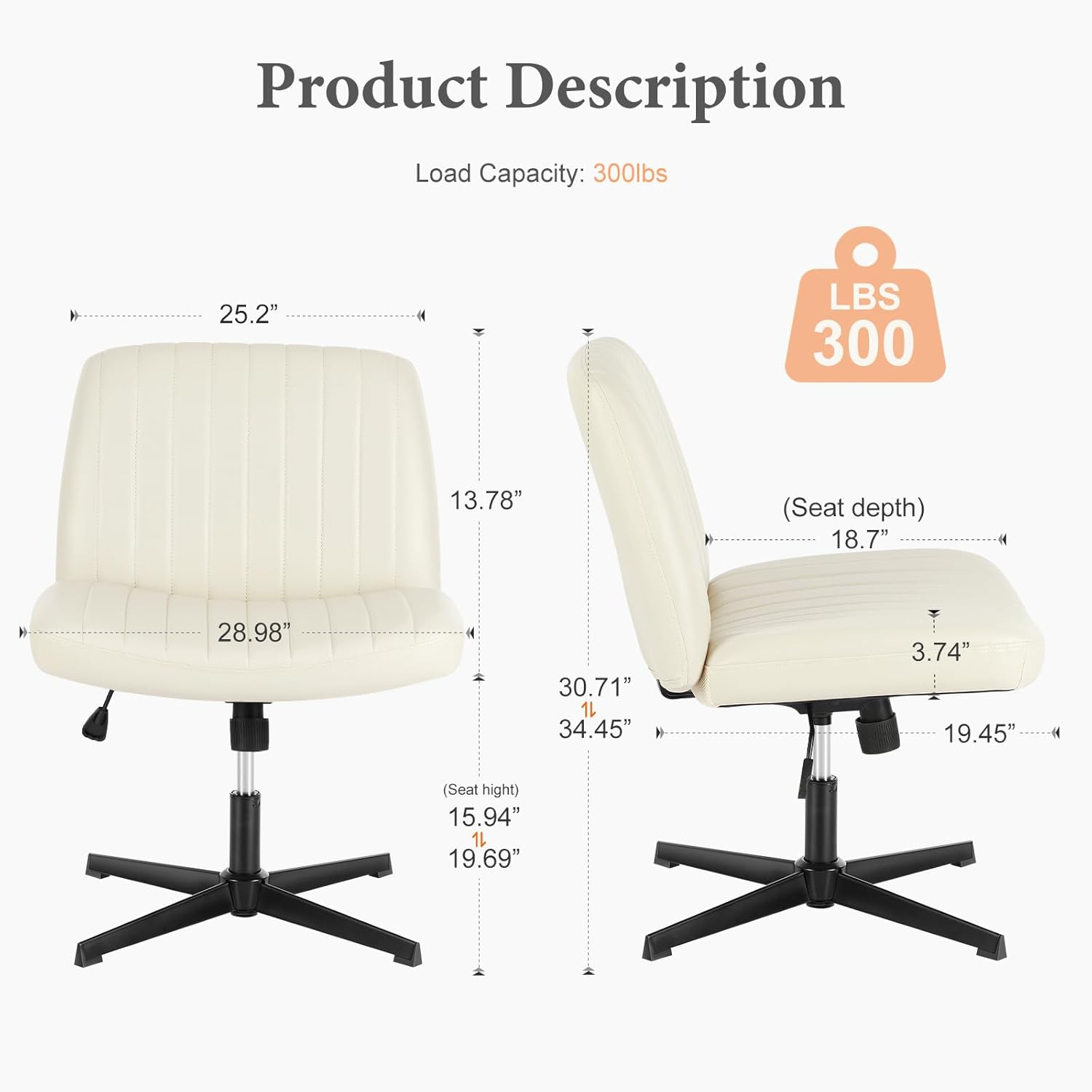 Sweetcrispy Criss Cross Chair Legged, Armless Office Desk Chair No Wheels, Swivel Vanity Chair, Height Adjustable Wide Seat Computer Task Chair, Fabric Vanity Modern Home Chair Cream