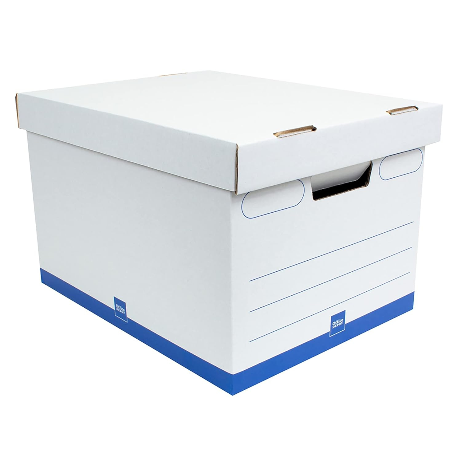 Office Depot® Brand Medium Quick Set Up Corrugated Medium-Duty Storage Boxes With Lift-Off Lids And Built-In Handles, Letter/Legal Size, 15" x 12" x 10", White/Blue, Pack Of 5
