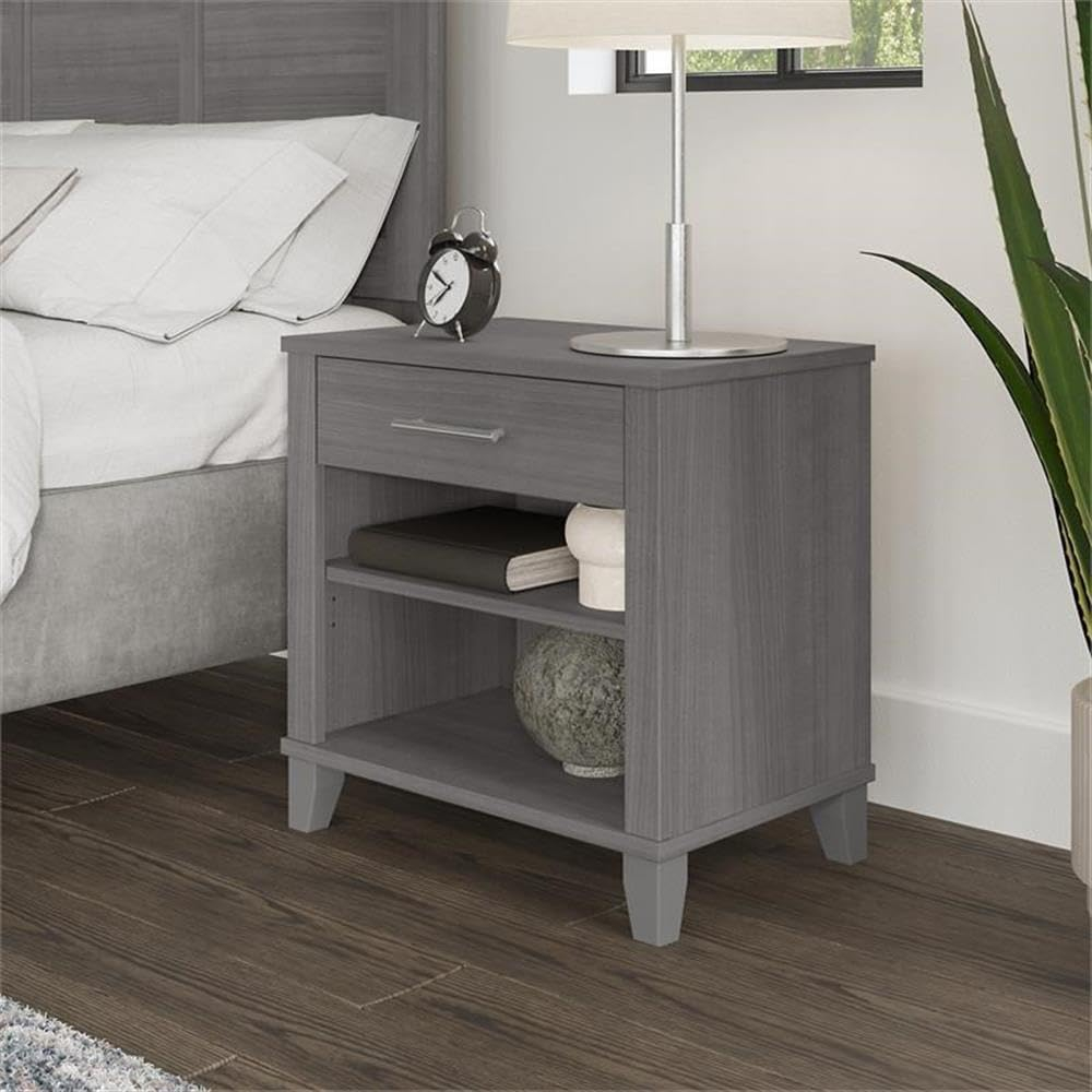 Bush Furniture Somerset Nightstand with Drawer and Shelves, Platinum Gray