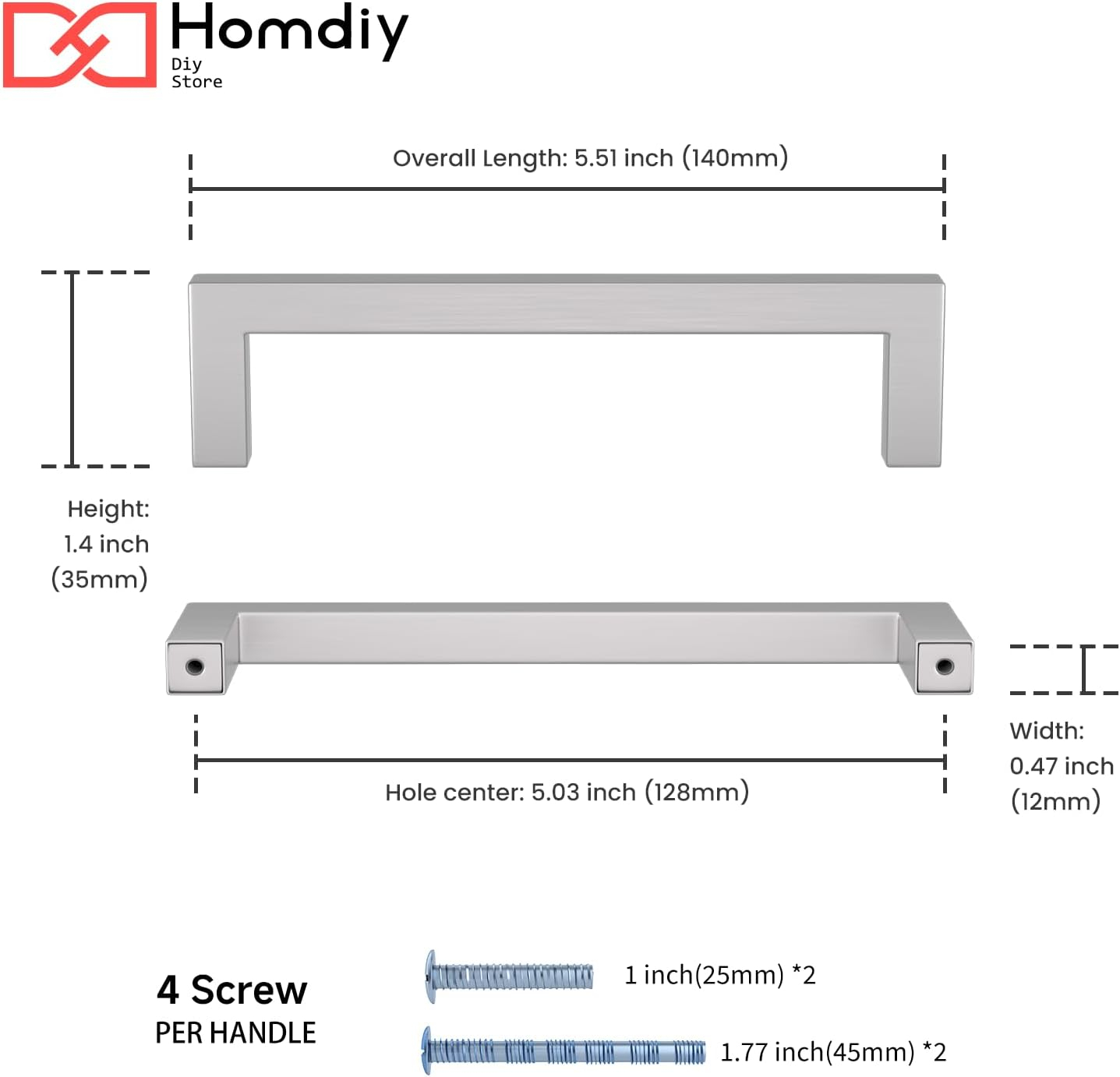 homdiy 5 Pack 5 Inch Brushed Nickel Cabinet Pulls Cabinet Handles Square Door Handles Modern Dresser Drawer Stainless Steel Hardware