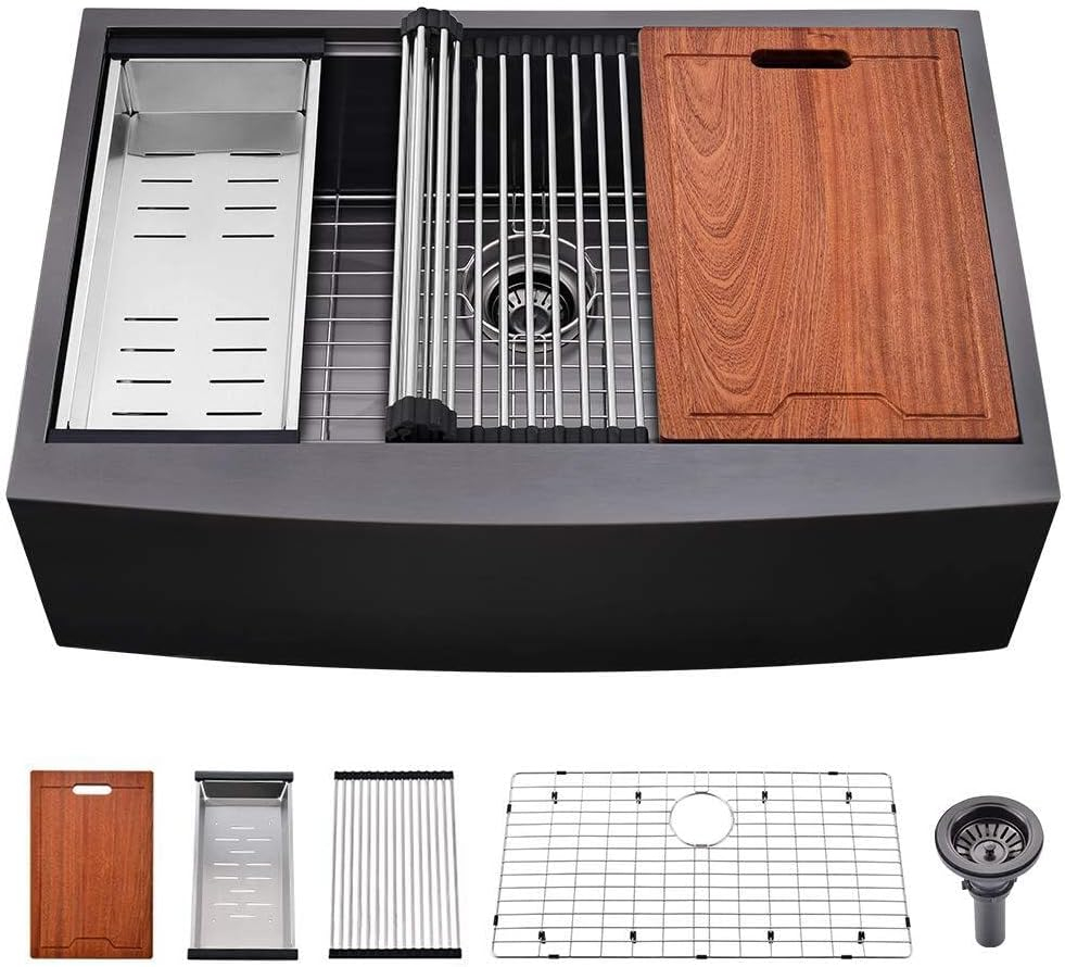 Black Farmhouse Sink 33 Inch - VALISY 33x22 Apron Front Farmhouse Kitchen Sink 16 Gauge Stainless Steel Undermount Ledge Workstation Deep Single Bowl Luxury Rustic Farm Sink with All Accessories