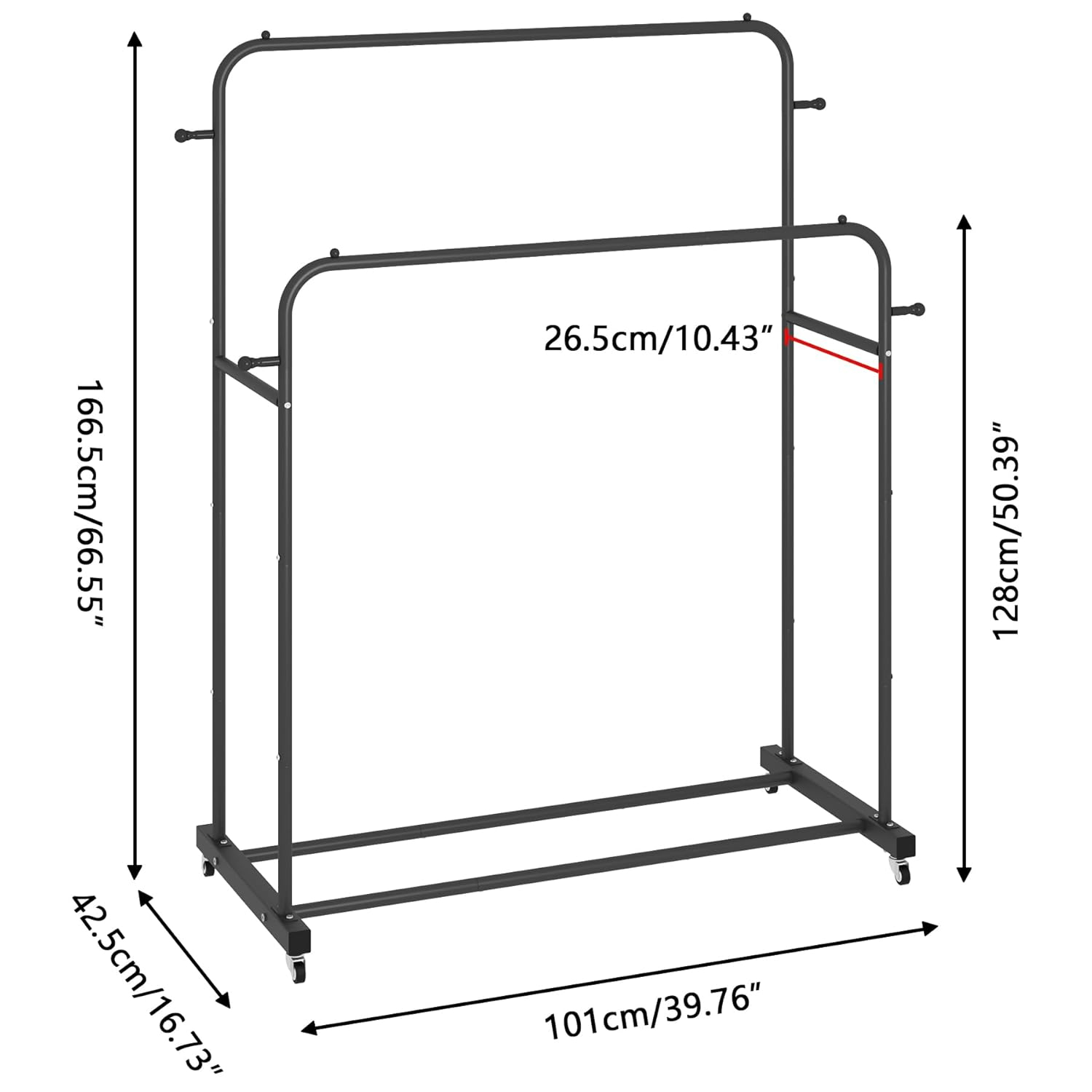 Laiensia Double Rods Garment Rack with Wheels, Clothing Rack for Hanging Clothes,4 Hooks, Multi-functional Bedroom Clothes Rack, Black