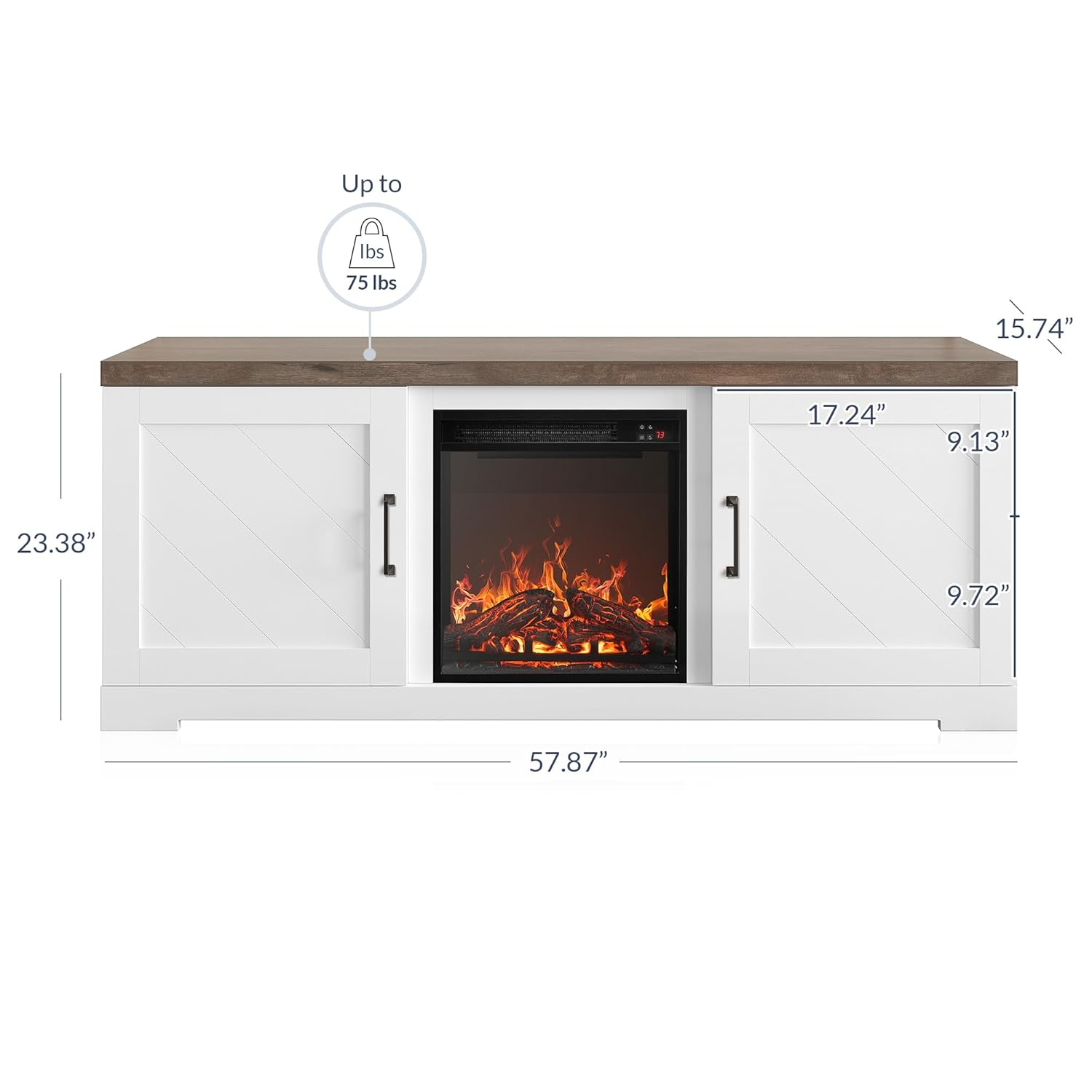 BELLEZE Modern 58 Inch Farmhouse TV Stand with 18 Inch Electric Fireplace & Media Entertainment Center Console Table for TV up to 65 Inch with Storage Cabinets and Infrared Heater - Hilo (White)