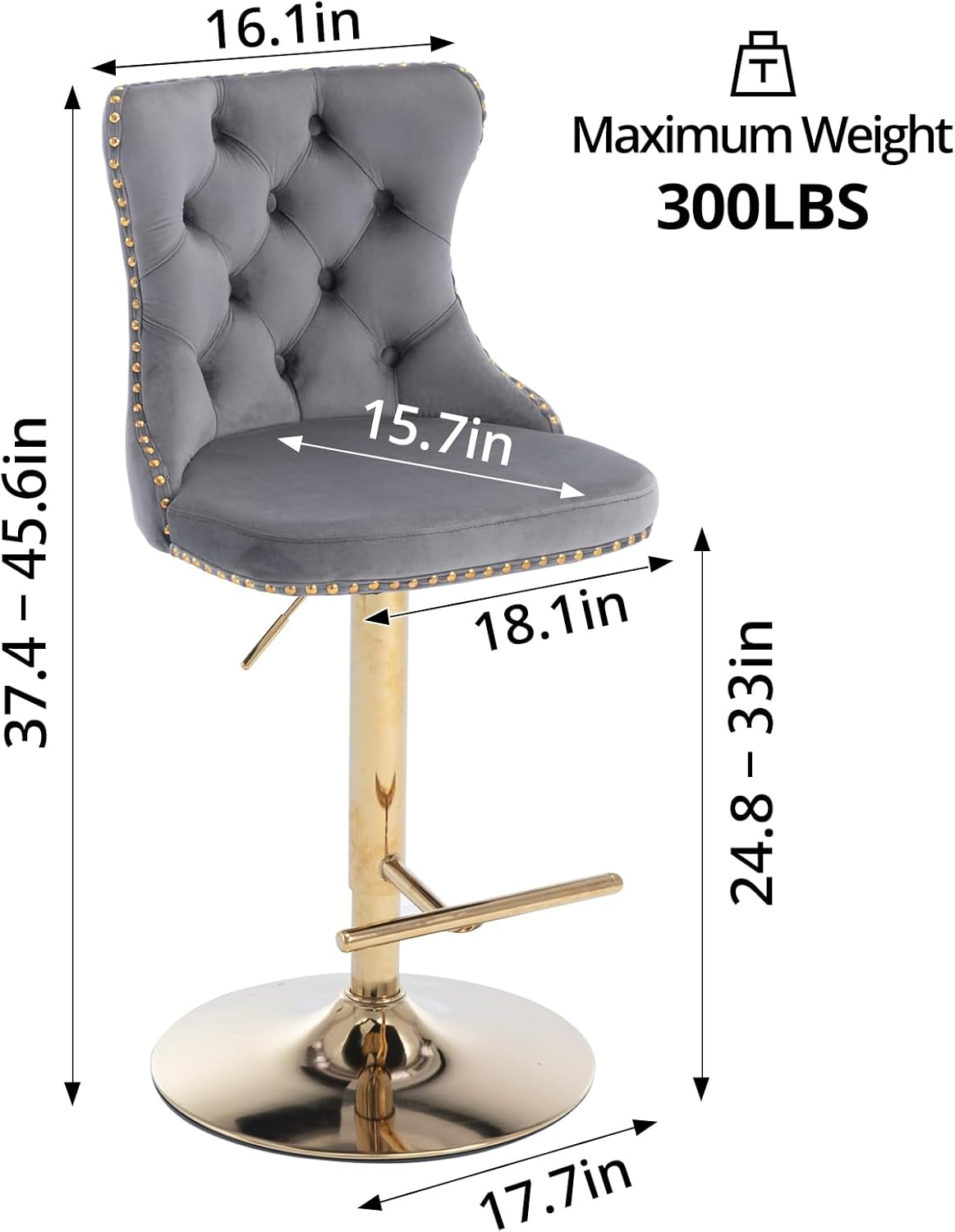 Sesslife Swivel Bar Stools Set of 2, Upholstered Thickened Velvet Fabric High Barstool with Nail Trim, Adjustable Seat Height, Counter Height Bar Chairs with Back & Footrest for Kitchen Island, Gray