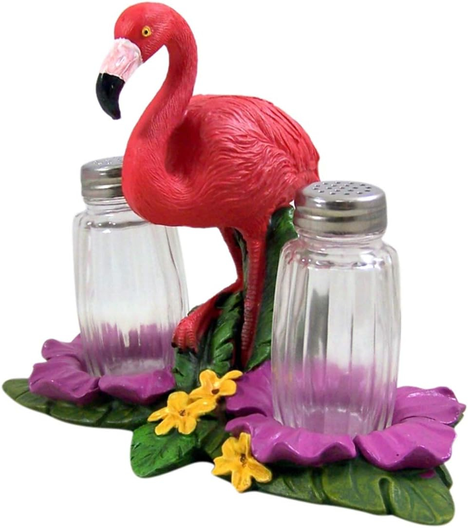 De Leon Collections Polyresin Tropical Pink Flamingo on Palms Floral Coastal Living Salt and Pepper Shaker Holder Set