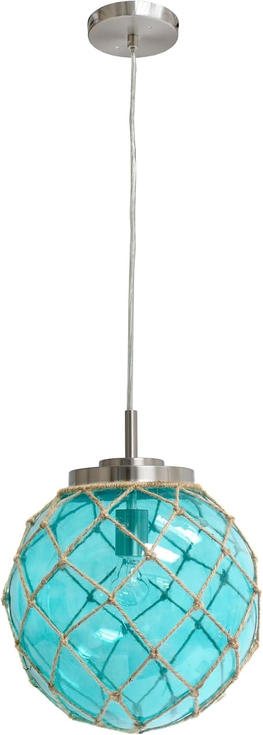 Buoy Netted Brushed Nickel Coastal Ocean Sea Glass Pendant with Natural Rope, Clear
