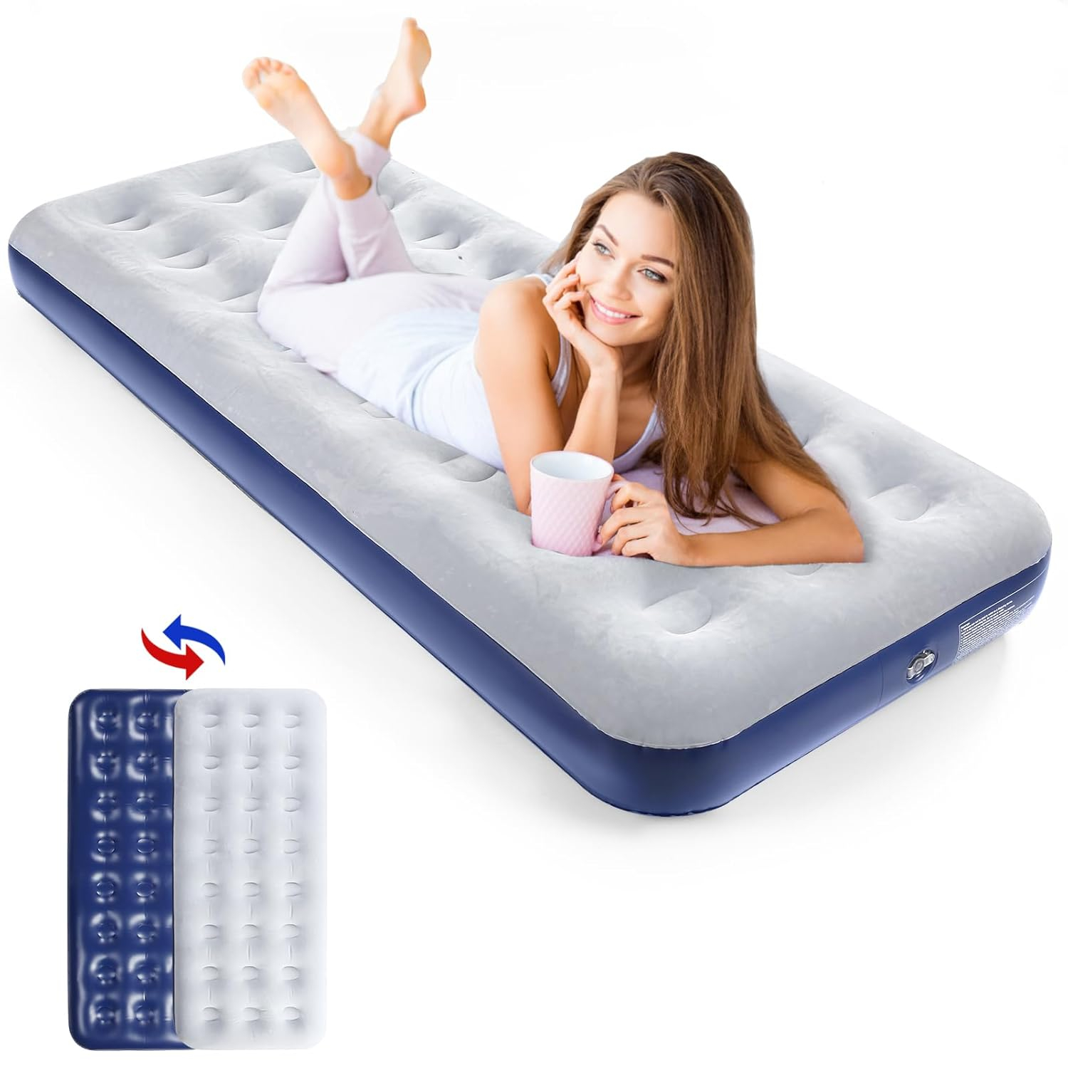 Camping Air Mattress Inflatable Air Bed Flocked Surface Travel Bed Sleeping Pad Air Bed for Outdoor Camping Tent Guest Travelling