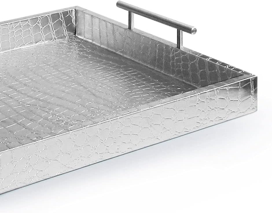 American Atelier, Silver Polyurethane Leather Alligator Rectangular Serving Tray with Handle, 14x19"
