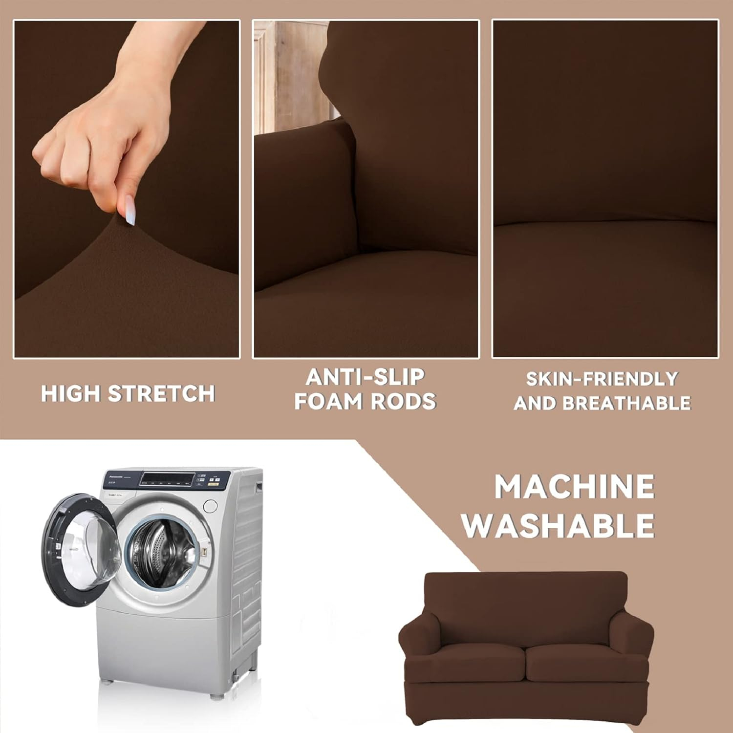 molasofa T Cushion Loveseat Slipcover with 2 Individual T Cushion Shape Seat Covers for Home Décor, 3 Pieces Stretchable, Washable, Non-Pilling, Non-Slip Loveseat Covers (Loveseat,Chocolate)