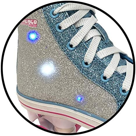 Chicago Girls Fashion Quad Skates – Glitter High-Top, Flashing Lights, 54mm Urethane Wheels, Adjustable Trucks, Indoor & Outdoor Use