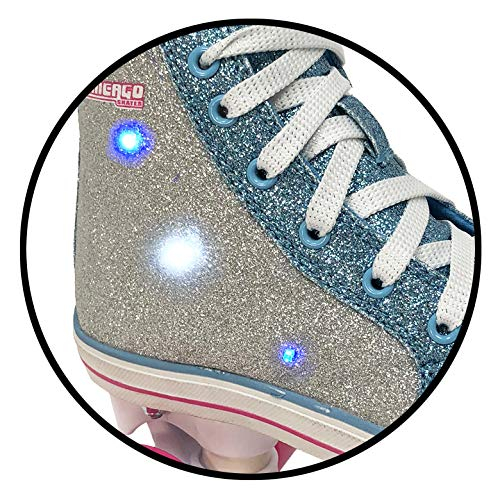Chicago Girls Fashion Quad Skates – Glitter High-Top, Flashing Lights, 54mm Urethane Wheels, Adjustable Trucks, Indoor & Outdoor Use