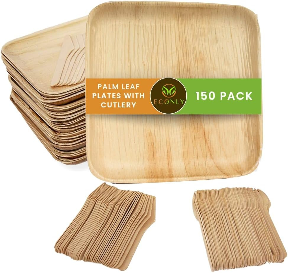50 Disposable 8" Square Palm Leaf Plates, 50 Wood Forks, 50 Wood Knives - Party Pack of Eco-Friendly Dinnerware