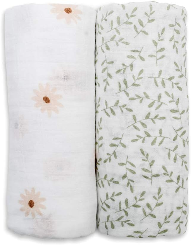 Lulujo Baby Swaddle Blankets | Unisex Softest Breathable Cotton Muslin Swaddle Blanket Set | Neutral Receiving Blanket for Girls & Boys | 40in x 40in | Daisies & Greenery | 2-Count