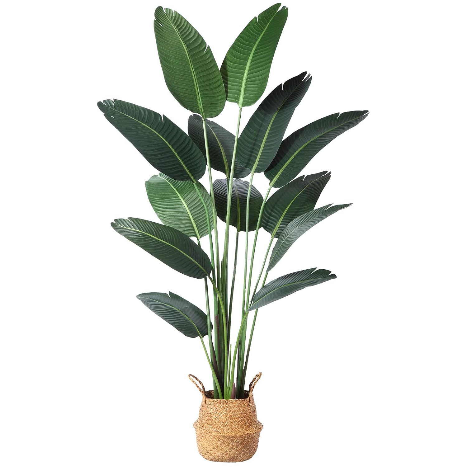 Artificial Bird of Paradise Plants 6 Ft Fake Tropical Palm Tree with 13 Trunks in Pot and Woven Seagrass Belly Basket Perfect Faux Plant for Home Indoor Outdoor Office Modern Decor Green 1Pc…