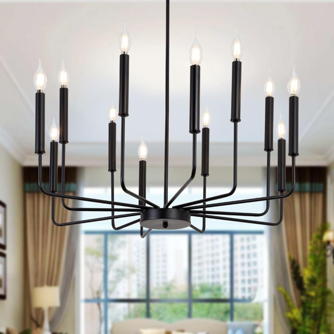 Vikaey Metal Black Chandelier, 12-Light Farmhouse Classic Candle Ceiling Hanging Light Fixture, Rustic Pendant Lighting for Kitchen Island, Dining Room, Living Room, Stair, UL Listed