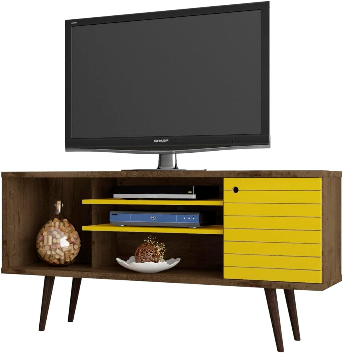 Liberty 53.14" Mid Century - Modern TV Stand with 5 Shelves & 1 Door with Solid Wood Legs, Brown, Yellow
