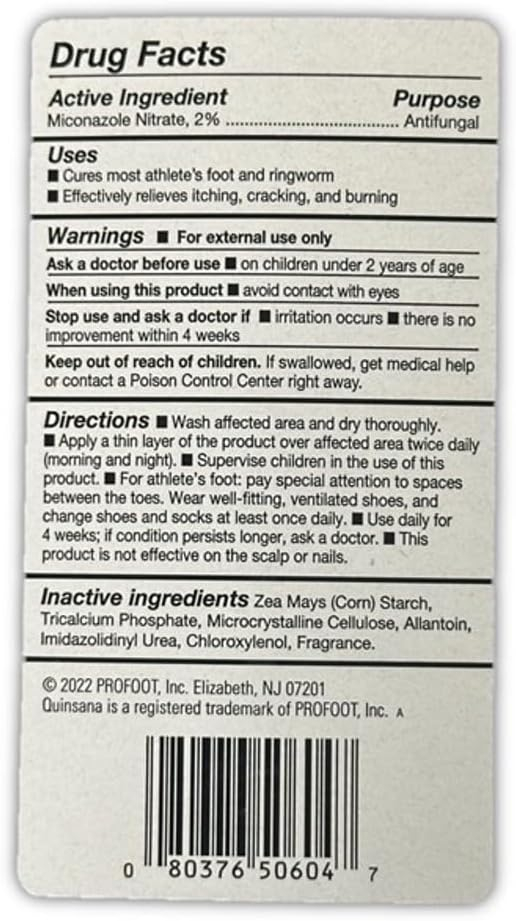 Profoot Care Quinsana Athletes Foot Powder - Anti-Fungal Powder, 1% Tolnaftate, 3 oz