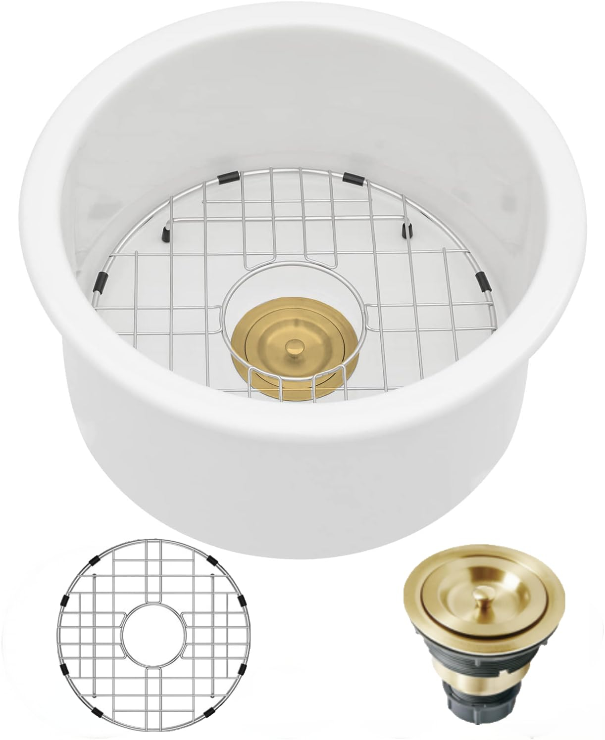 Lordear 18 Inch White Undermount Bar Sink RV 18 x 18 Inch Deep Single Bowl White Small Undermount Bar Prep Sinks Round With Gold Drainer