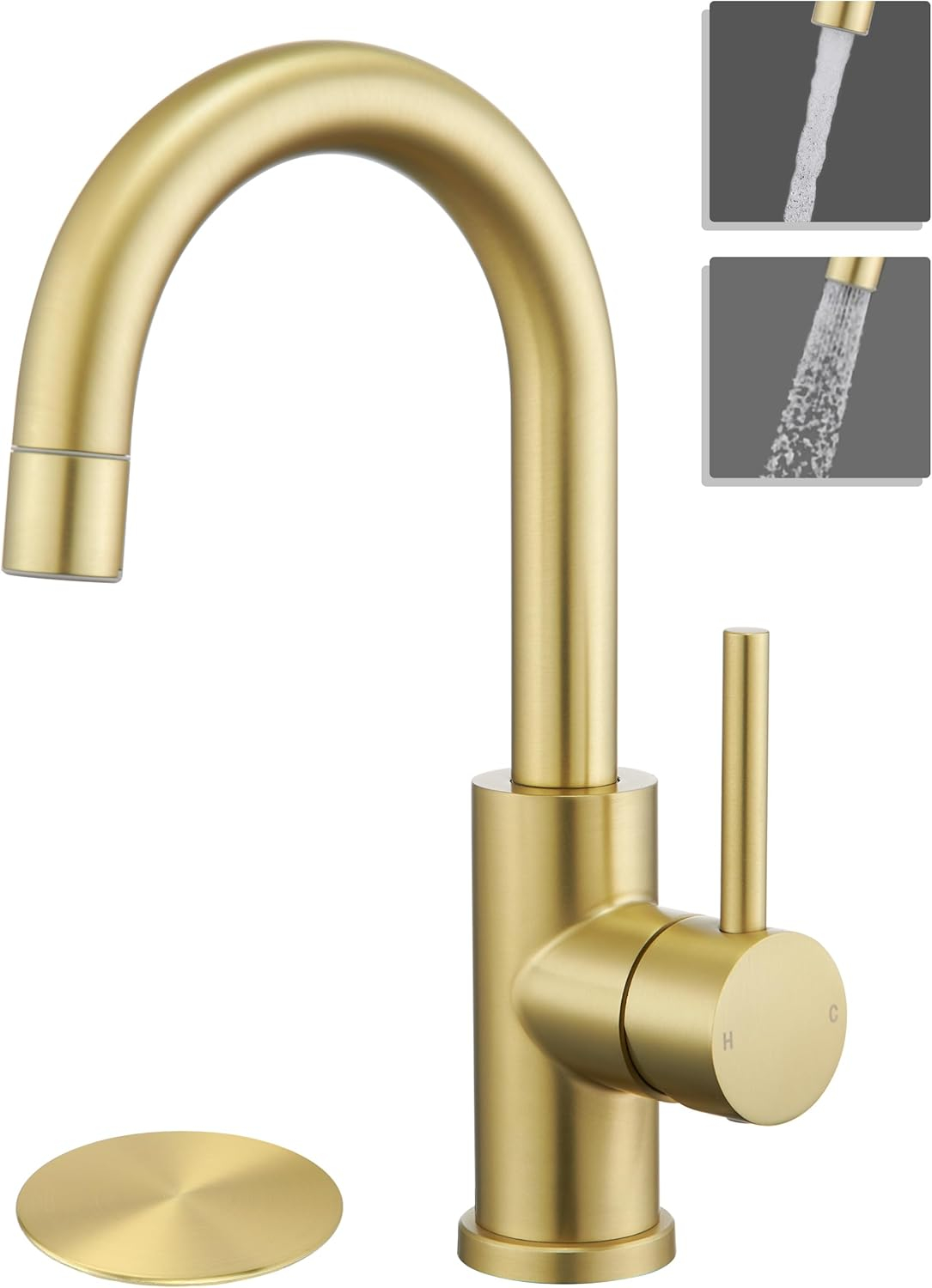 Single Hole Bathroom Sink Faucet Brushed Gold, Modern Single Handle Bathroom Faucet Stainless Steel Swivel Spout Commercial RV Bathroom Faucet Wet Bar Faucet