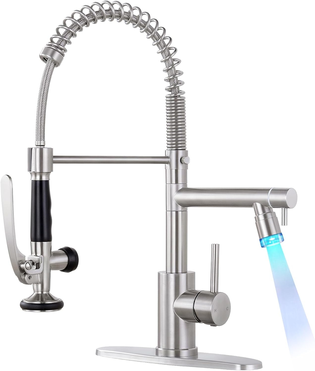 Qomolangma Commercial LED Kitchen Sink Faucet with Pull Down Sprayer, Modern Single Handle Kitchen Faucets with Light, Brushed Nickel