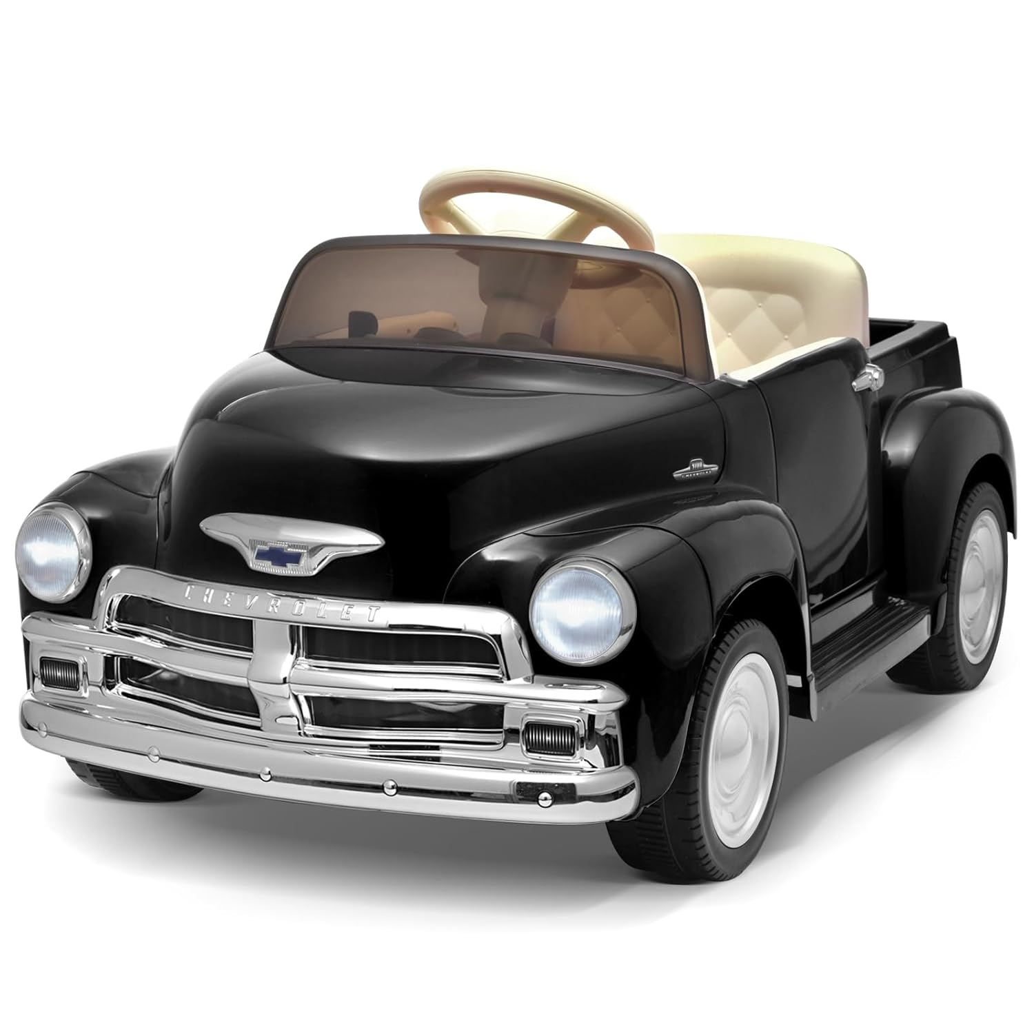 Joywhale 12V Kids Ride on Car Licensed Chevrolet 3100 Pickup Battery Powered Motorized Electric Car, with 7AH Big Battery, 2.4G Remote Control, 3-Speeds, Storage Space, Music, Retro Style, Black