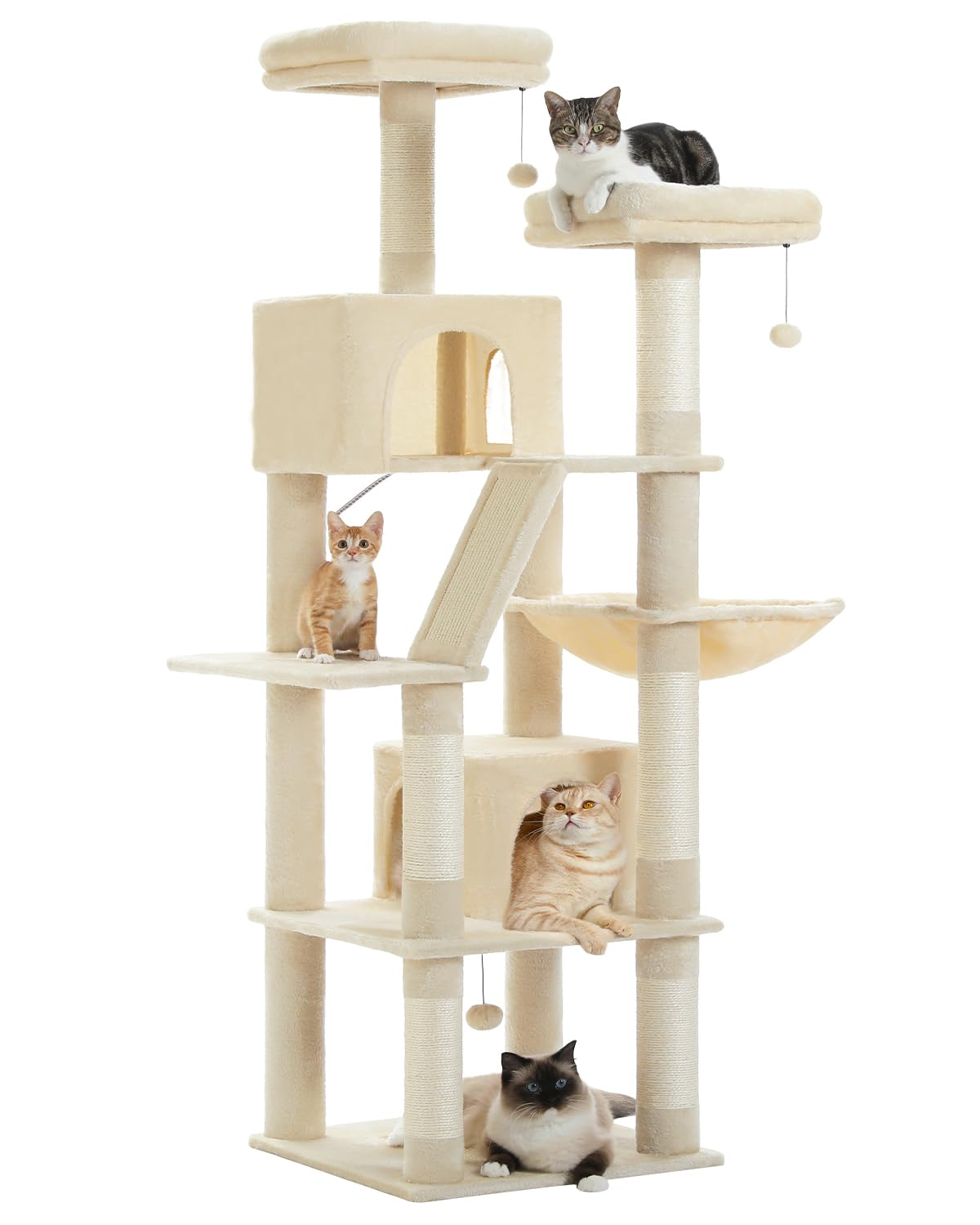 Tall Cat Tree 70.9", Large Cat Tower for Indoor Cats, Multi-Level Plush Cat Condo with 6 Scratching Posts, 2 Scratching Boards, 2 Perches, 2 Caves, Hammock, 2 Pompoms, Beige