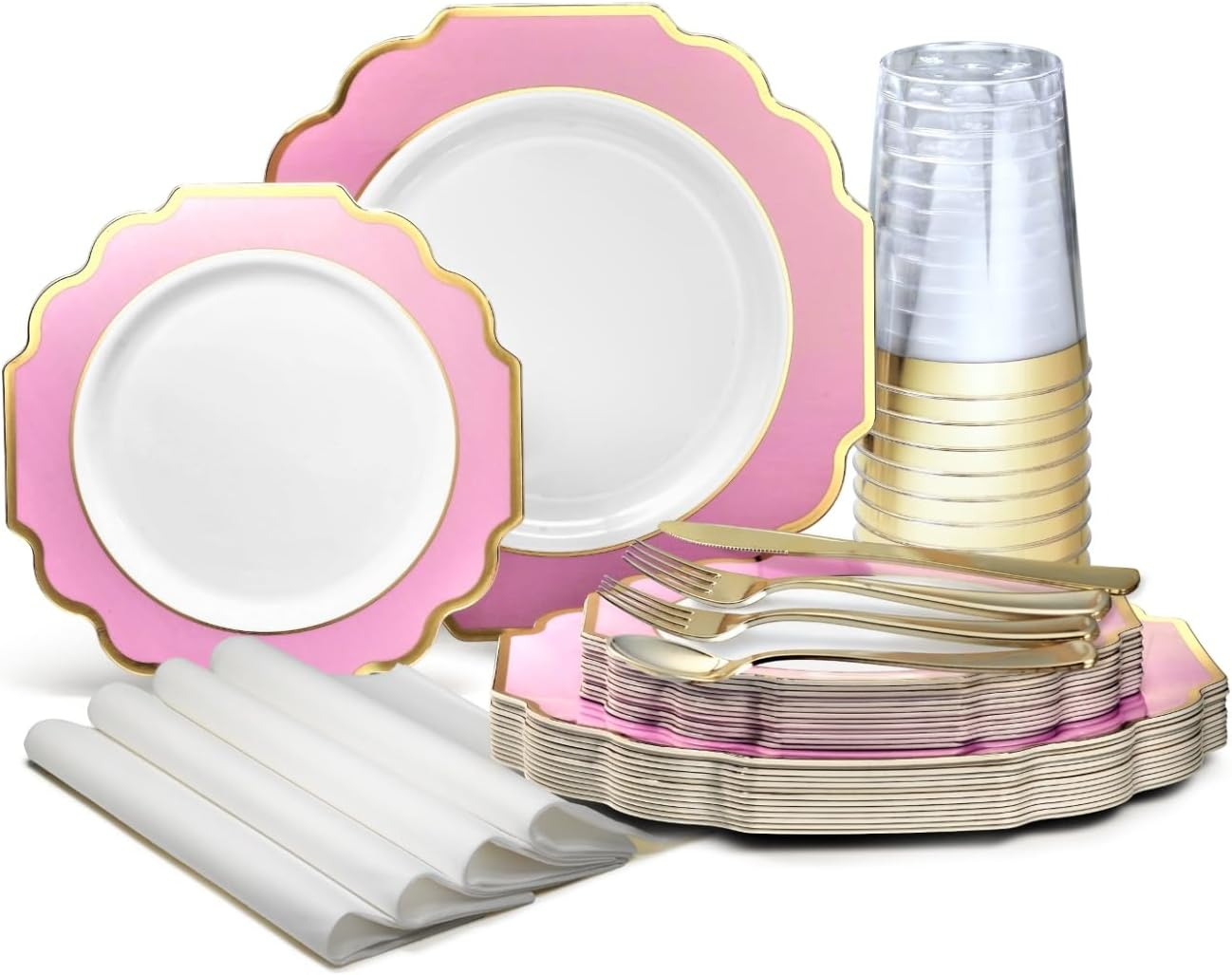 " OCCASIONS " 200 Piece set (25 Guests)-Wedding Plastic Plates & cutlery -Disposable heavyweight Dinnerware 10.5'', 8'' + Silverware + Cups + Napkins (Imperial in Rose Pink & Gold)