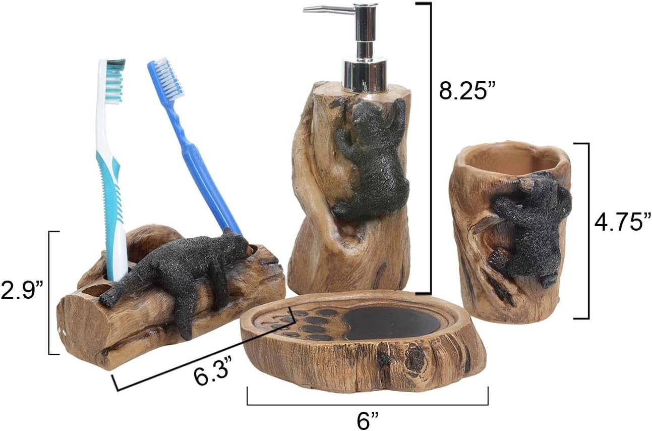 Rustic Lodge Polyresin Bath Set with Climbing Black Bears
