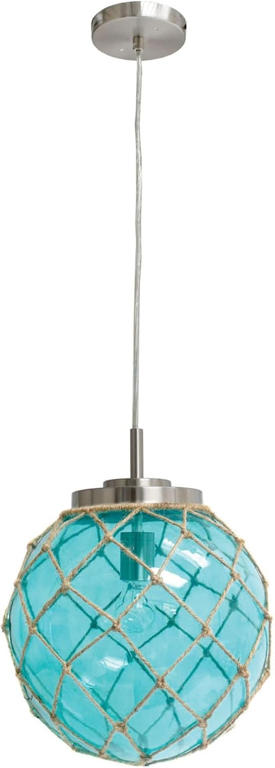 Buoy Netted Brushed Nickel Coastal Ocean Sea Glass Pendant with Natural Rope, Clear