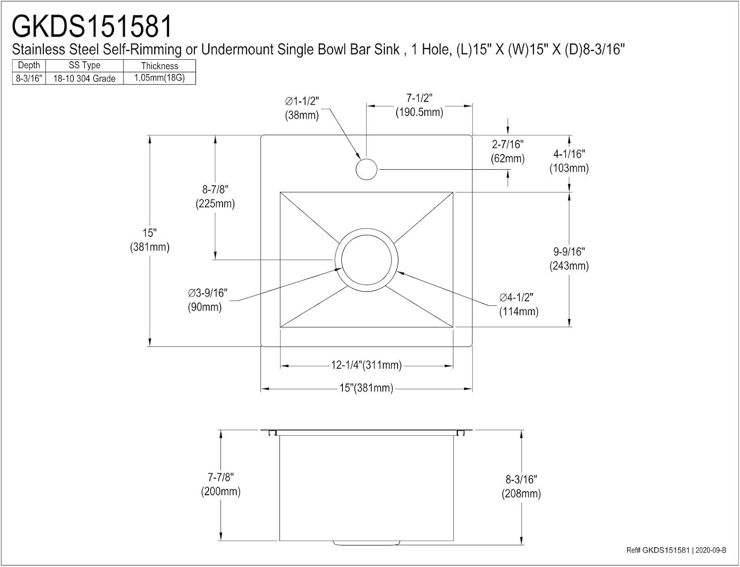Kingston Brass Uptowne 15-Inch Single Bowl Dual Mount Kitchen Sink