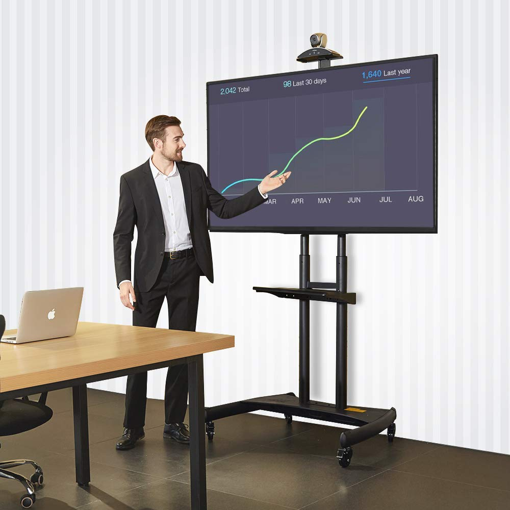 Black Steel Mobile TV Cart Stand with Adjustable Shelves