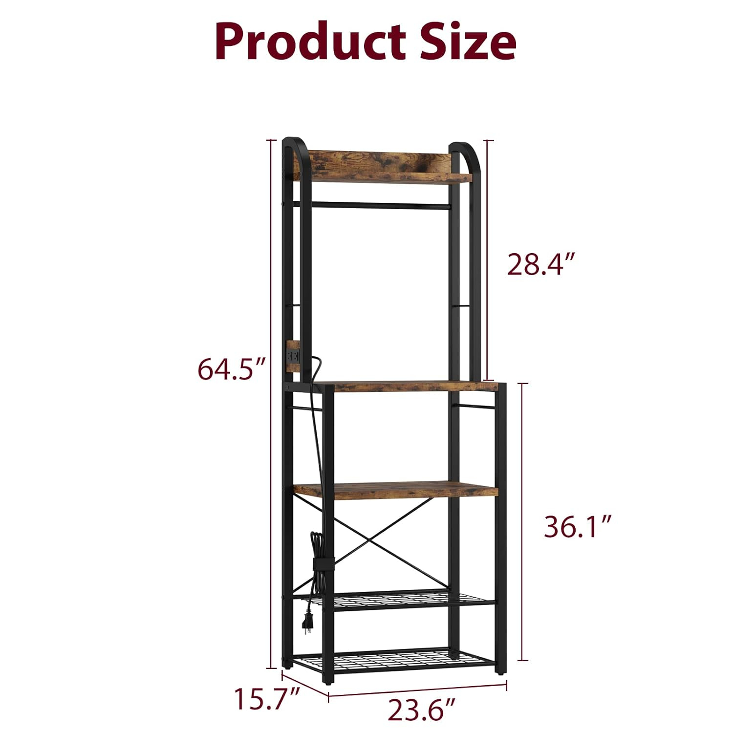 Whizmax Bakers Rack with Power Outlet, Industrial Microwave Stand, Coffee Bar Table Station with Metal Wire Panel, Kitchen Storage Rack with 8 Hooks, Rustic Brown