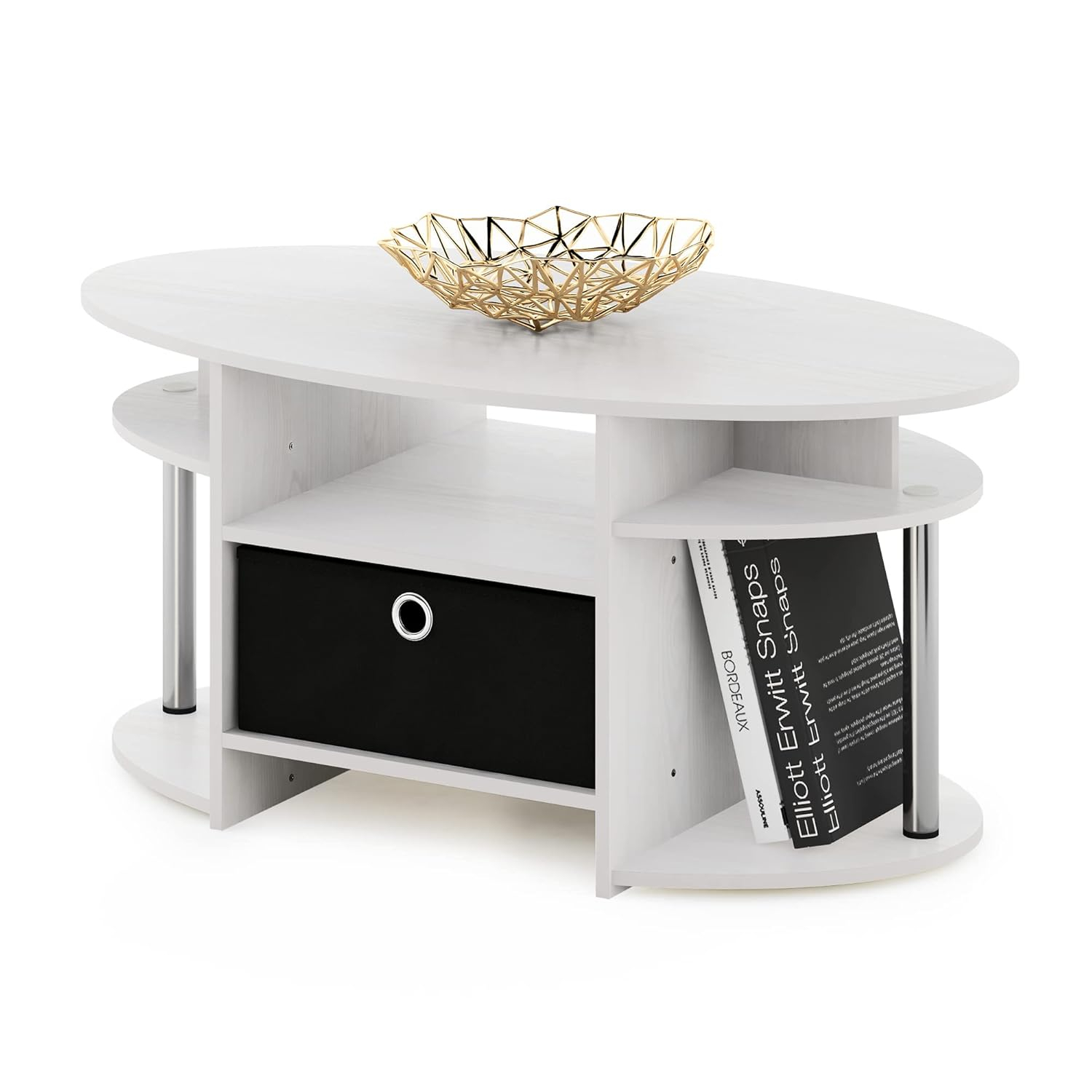 Furinno JAYA Simple Design Oval Coffee Table with Bin, White Oak, Stainless Steel Tubes