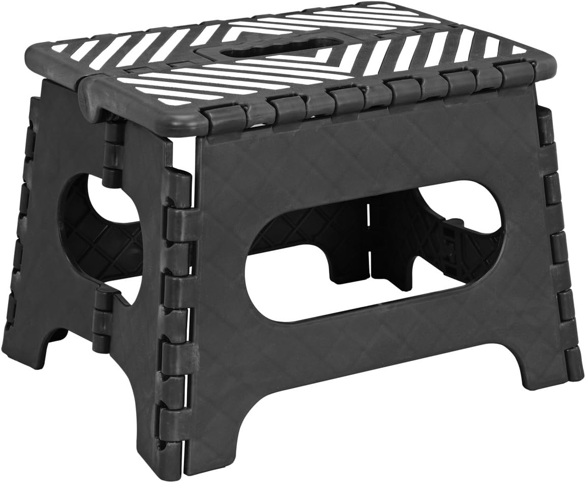 Simplify Plastic 9" Stripe Top 1 Step Folding Step Stool, Black