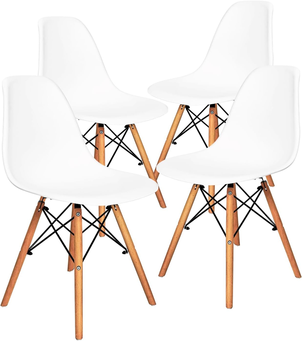 CangLong Modern Style Dining Chairs, Mid Century Plastic Dining Chair with Wood Legs, for Kitchen, Dining, Bedroom, Living Room, Set of 4, White