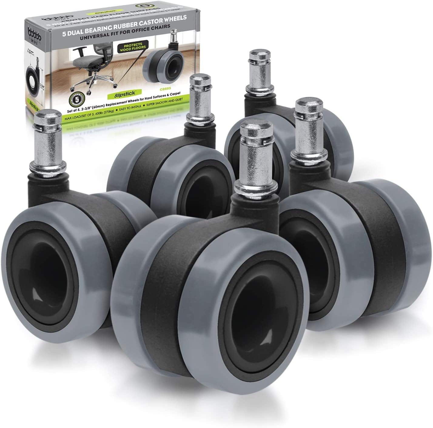 Slipstick CB685 Dual Bearing Rubber Office Chair Caster Wheels (Set of 5 Castors) Universal Fit Replacement Chair Casters for Hardwood Floors & Carpet, 2-3/8” Twin Rollers, 7/16 Inch Stem