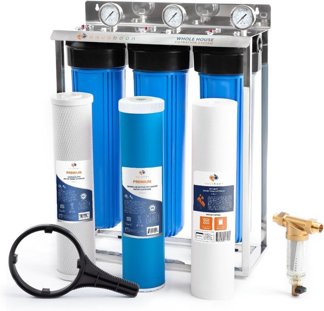 Aquaboon 3-Stage 20" Whole House Big Housings Blue Color Filtration System, Freestanding Steal Frame, Pressure Gauges, GAC Filter, Carbon Block, Sediment Filter Cartridges