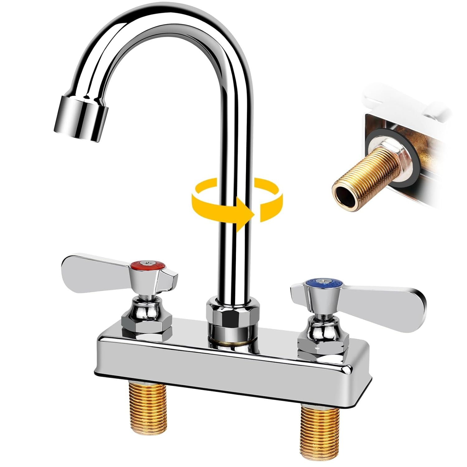 KWODE 4 Inch Center Commercial Hand Sink Faucet with 3-1/2”Gooseneck Spout, Dual Lever Handle Wall Mount Kitchen Sink Faucet, Brass Constructed, Chrome