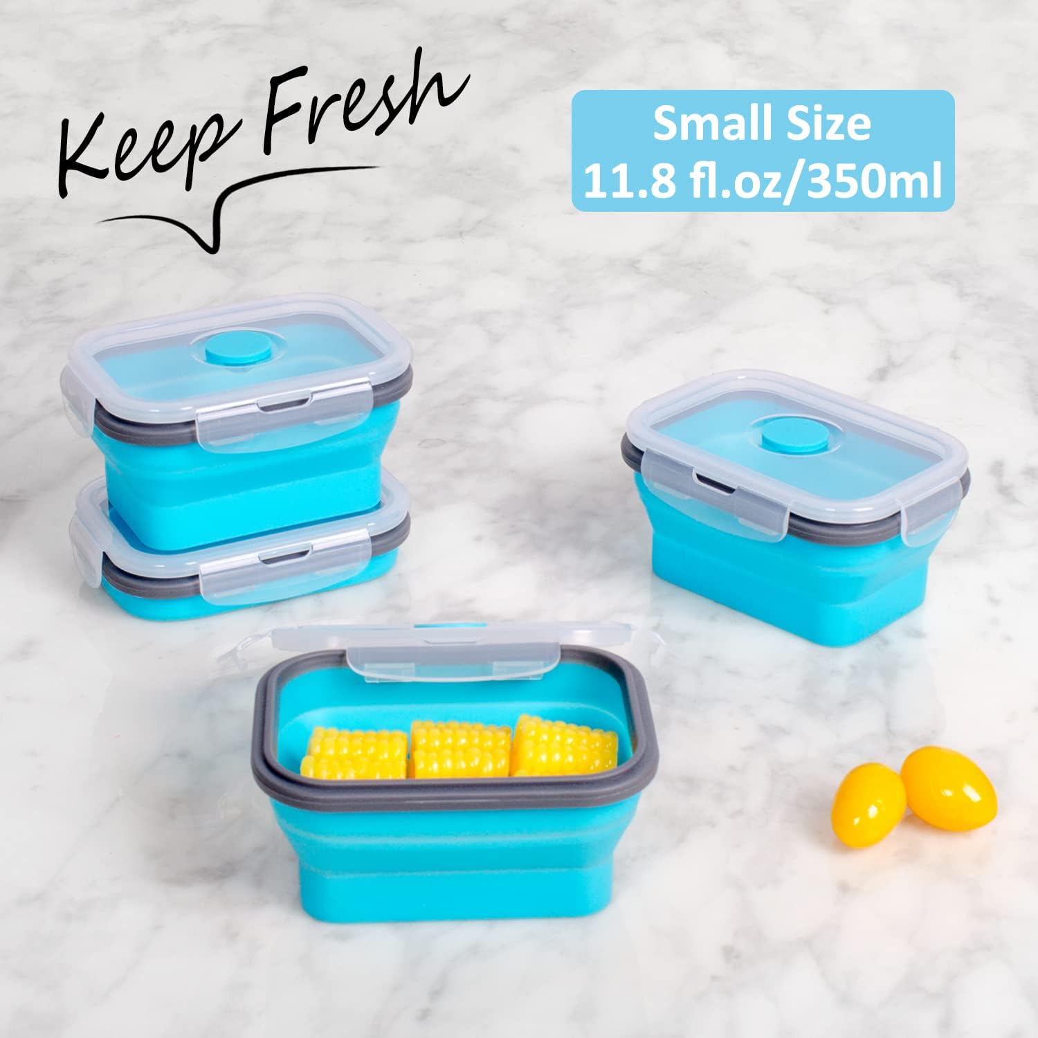 Collapsible Food Storage Containers with Lids & Vent, 11.8 oz, Kitchen Stacking Silicone Collapsible Meal Prep Container Set for Leftover, Microwave Freezer Dishwasher Safe, Blue Small 4 Pack