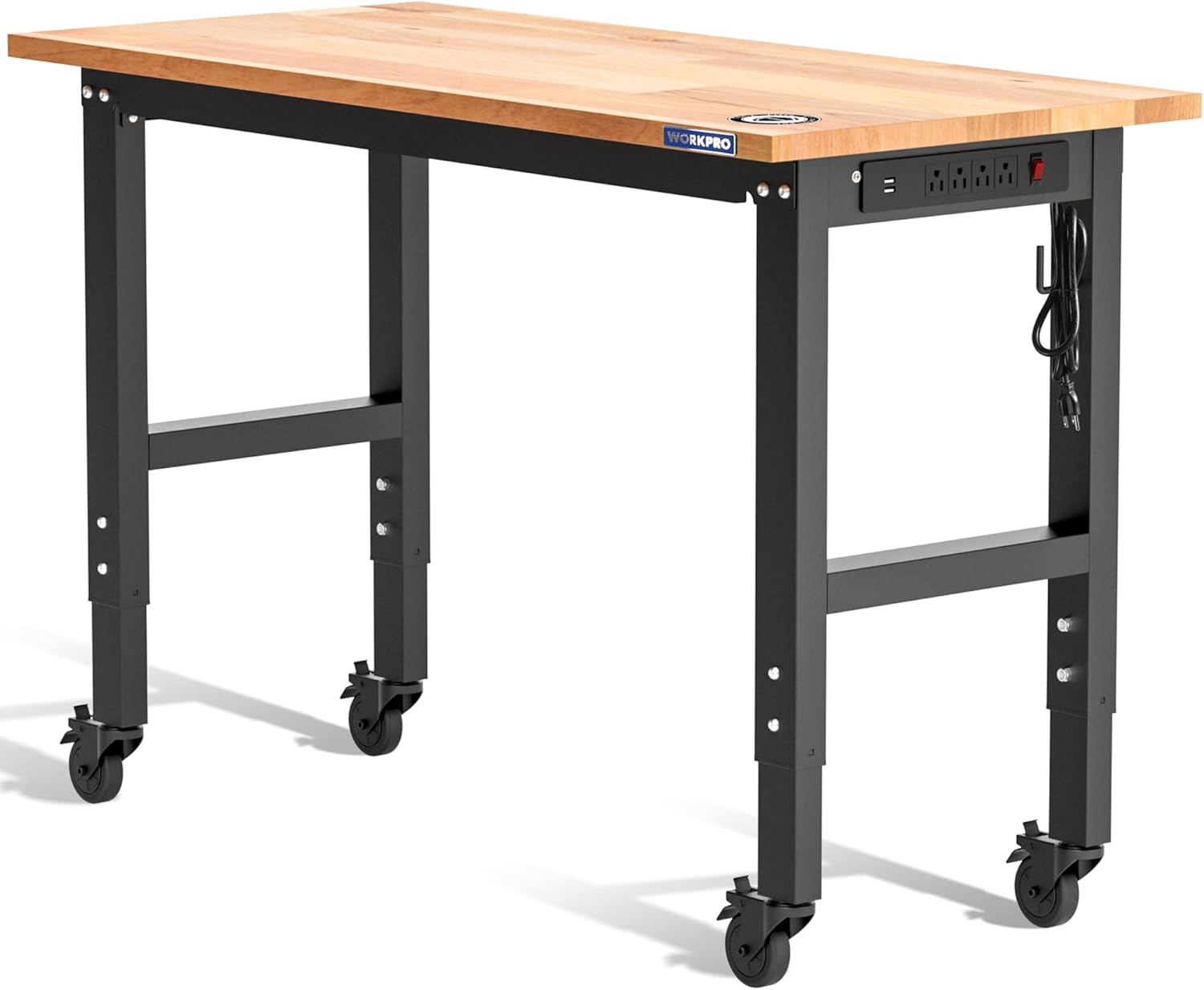 WORKPRO Garage Workbench, 48"X22" Adjustable Workbench with Wheels, Rubber Wood Top Heavy-Duty Workstation with Power Outlets, 1000 LBS Stationary Load Capacity, for Workshop, Garage