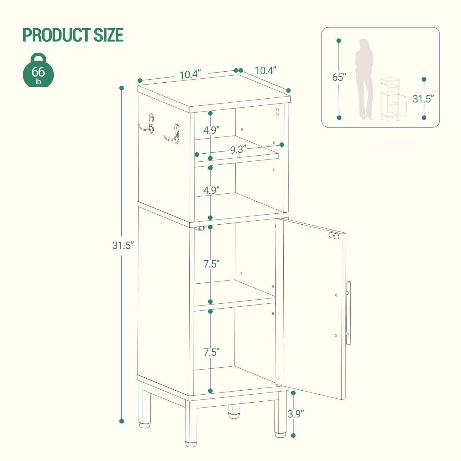 Bathroom Storage Cabinet, Corner Floor Cabinet with Door & Shelves, 2Hooks, Small Narrow Storage Organizer, Toilet Paper Cabinets for Small Space, White SC06313G