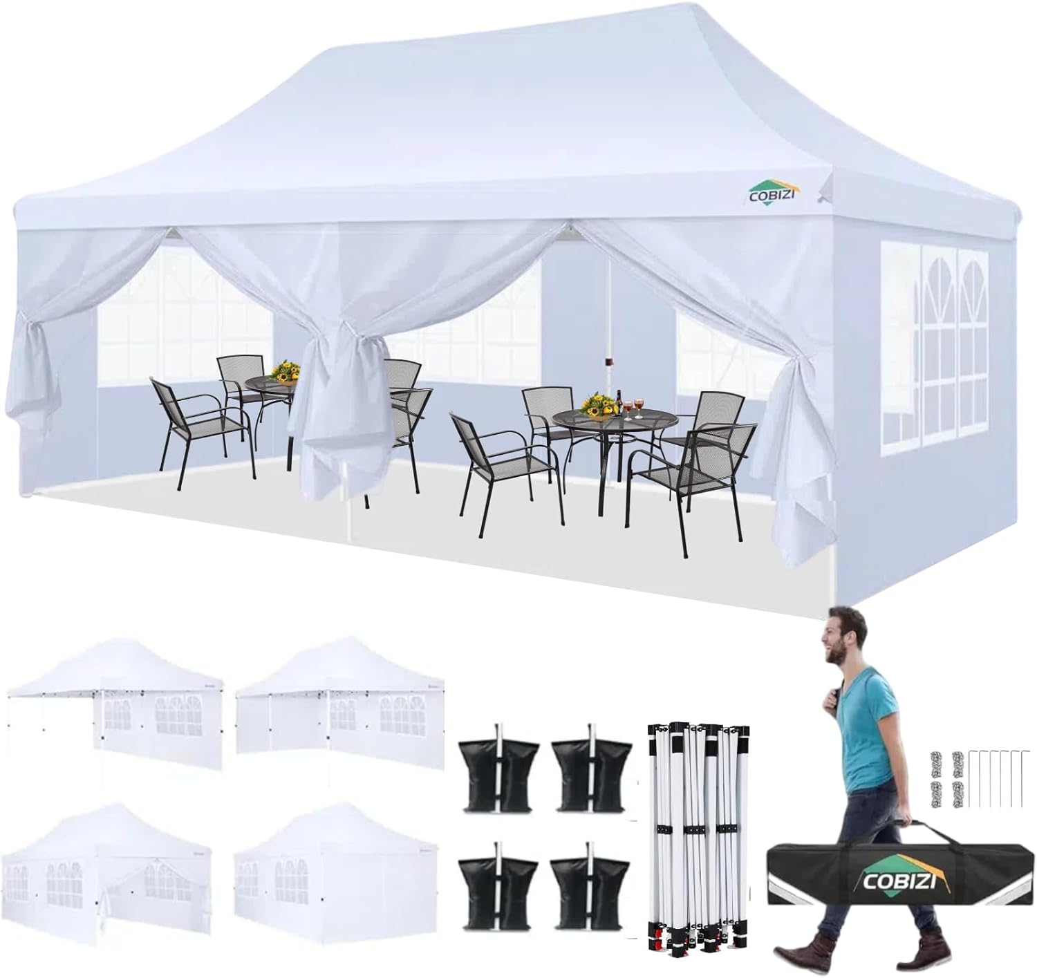 COBIZI 10x20 Pop Up Canopy with 6 Sidewalls,Waterproof Instant Party Tents for Weddings & Parties, Easy Up Commercial Canopy Tent,UPF 50+ UV Protection, 3-Height Adjustable Frame & 4 Sandbags White