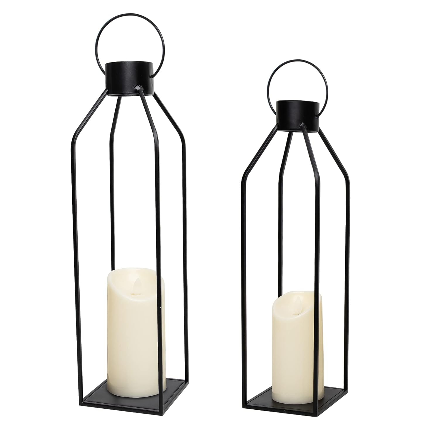 HPC Decor 22'' 19'' Lanterns Decorative w/ Flickering Timer Candles- Large Tall Black Metal Candle Lanterns Set of 2- Modern Farmhouse Decor for Indoor,Outdoor,Tabletop,Porch (No Glass)
