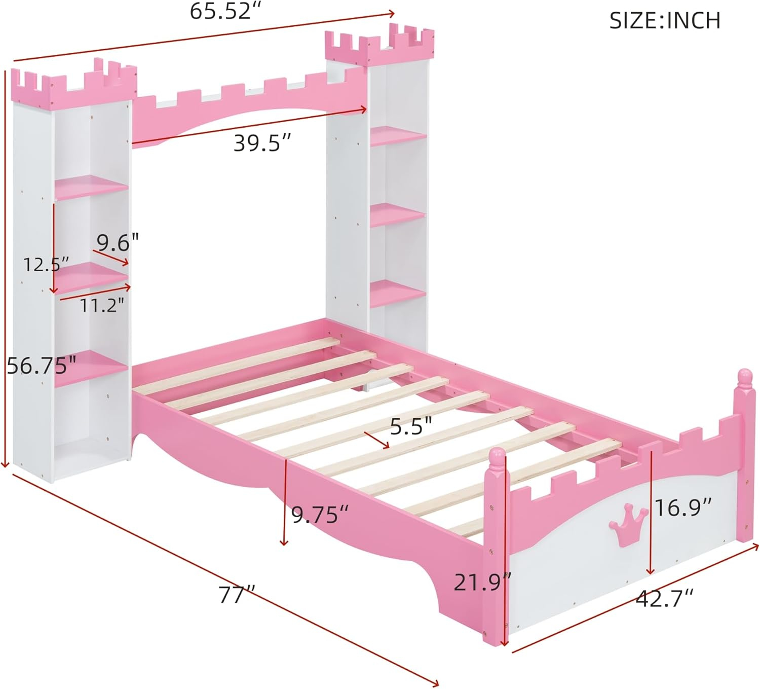 SOFTSEA Twin Size Platform Bed with Storage Shelves, Castle Shaped Bed for Kids, Twin Size Princess Bed for Girls, Kids Twin Bed Frame, No Box Spring Needed, White