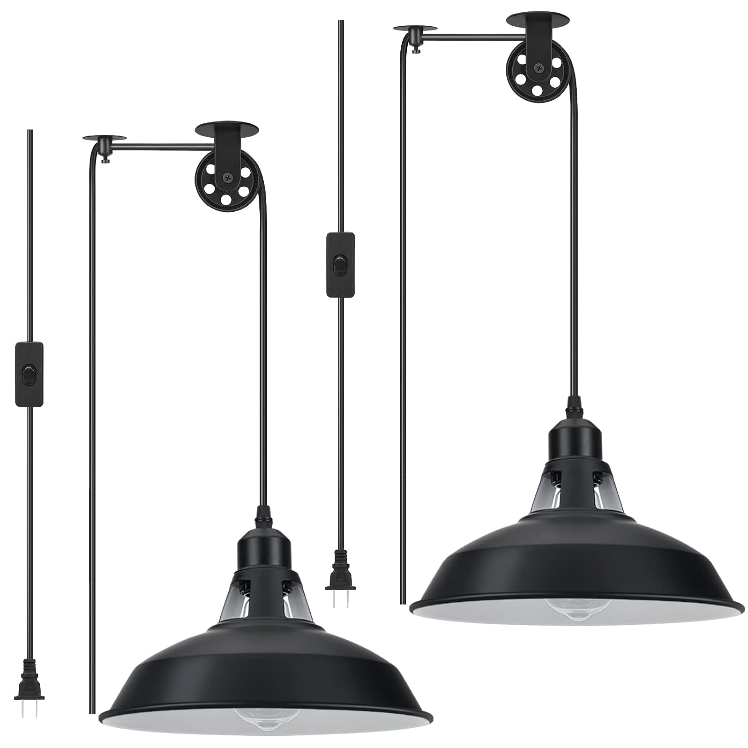 Plug in Pendant Light, Hanging Lamp with Black Barn Pendant Lighting with 14.76ft Cord On/Off Switch, Adjustable Pulley Hanging Pendant Lighting for Kitchen Bedroom Restaurant 2 Pack