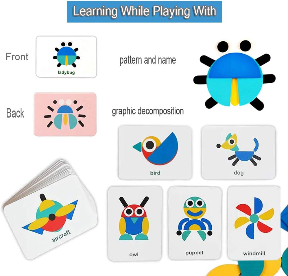 Tangram Shape Puzzle - Wooden Pattern Blocks Animal Jigsaw Color Sorting Stacking Game Preschool Montessori Learning Toys Brain Teaser STEM Gift for 3 4 5 Years Old Toddler Kid (60 Pattern Cards)