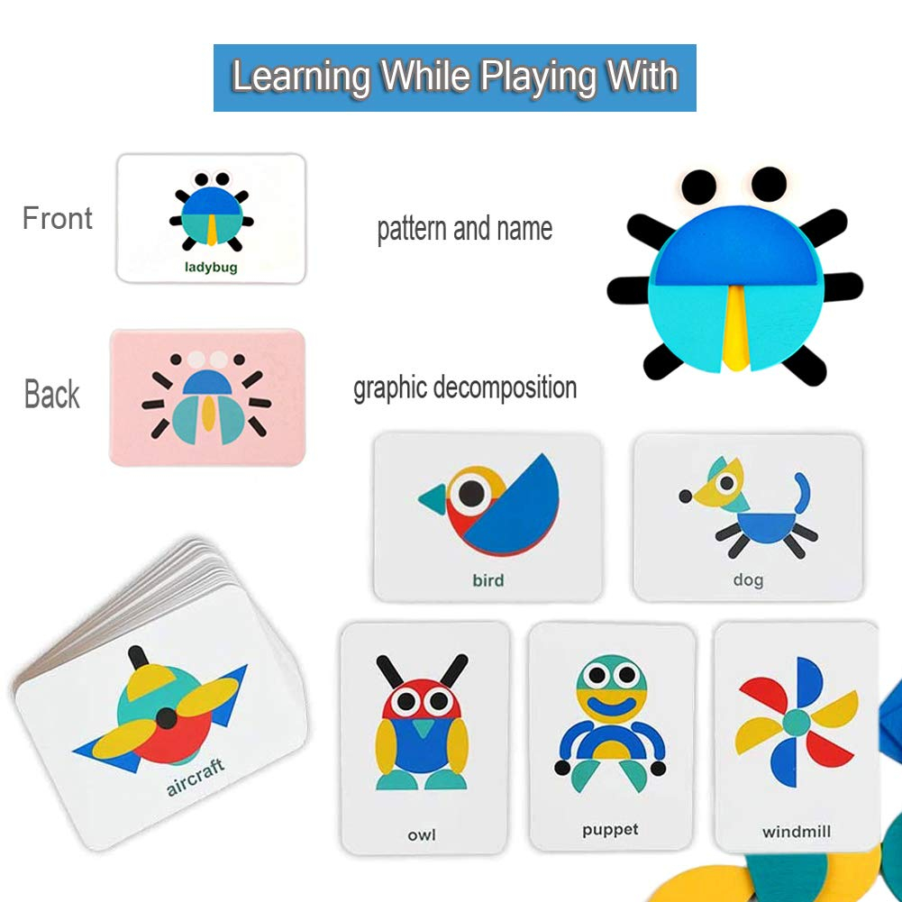 Tangram Shape Puzzle - Wooden Pattern Blocks Animal Jigsaw Color Sorting Stacking Game Preschool Montessori Learning Toys Brain Teaser STEM Gift for 3 4 5 Years Old Toddler Kid (60 Pattern Cards)