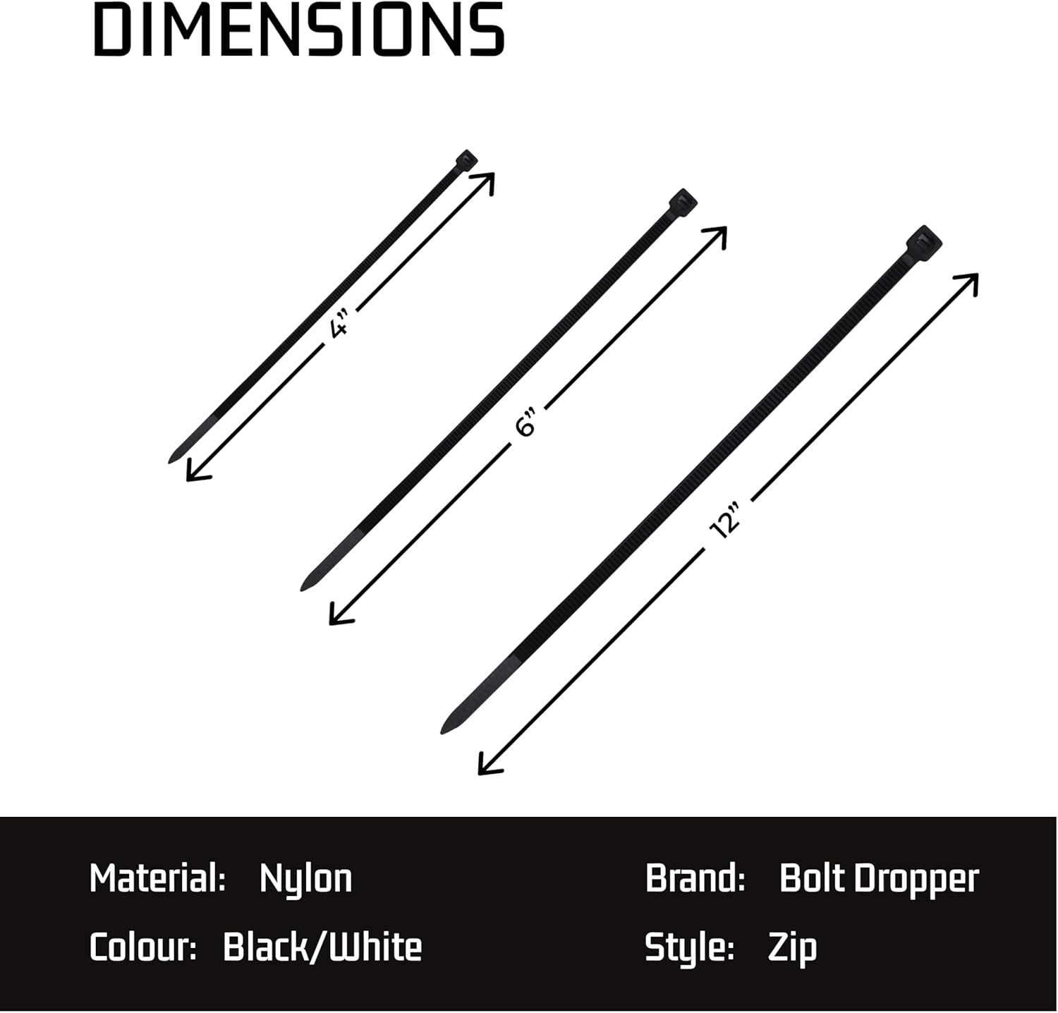 Bolt Dropper Zip Tie Kit 4" 6" 8" Black White 18lb To 50lb Tensile Strength 400 Pack